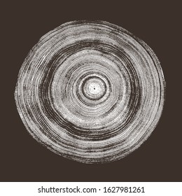 Black and white stamp of wood texture of tree rings from a slice of log. Contrast negative monotone image of cut tree.