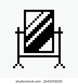 black and white standing mirror pixel art icon vector illustration.