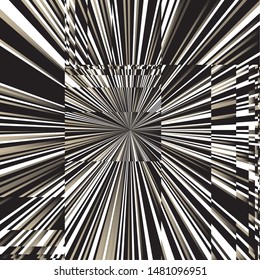 Black and White Star Beams Linear Rays and Squares, Abstract Sunburst and Rays of Sun Radiating From the Center of Thin Beams, Star Fractal Background Design