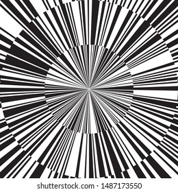 Black and White Star Beams Linear Rays and Circles, Abstract Sunburst and Rays of Sun Radiating From the Center of Thin Beams, Star Fractal Background Design