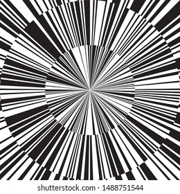 Raios e Círculos Lineares de Estrela Negra e Branca, Explosão Solar Abstrata e Raios de Sol Radiando do Centro de Feixes Finos, Design de Fundo Fractal de Estrela
