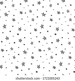 Black and white star and dots doodles seamless vector pattern.