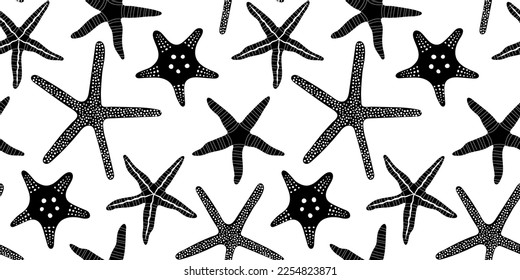 Black and white star fish seamless pattern. Summer marine animal background design. Vacation travel concept. Starfish flat cartoon backdrop illustration.