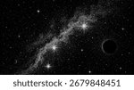 Black and white star galaxy with a dark planet. Dot space grain noise vector texture. Abstract outer space background for cosmic theme.