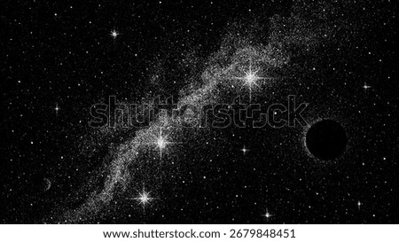 Black and white star galaxy with a dark planet. Dot space grain noise vector texture. Abstract outer space background for cosmic theme.