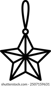 A black and white star ornament hanging from a string. The star is made of thin lines and he is a Christmas decoration