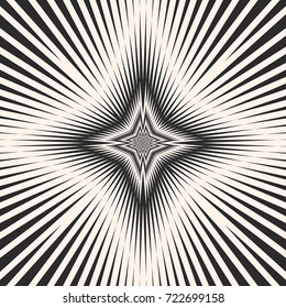 Black & white starburst background. Vector striped seamless pattern with concentric intersecting lines, diagonal stripes, rays. Repeat geometric tiles. Abstract monochrome texture. Vintage design