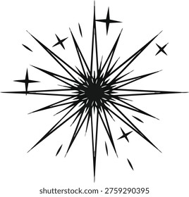 A black and white starburst design featuring sharp, radiating rays and small star accents, creating a dynamic and eye-catching graphic element.