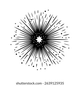 Black and white starburst explosion with radiating lines and dots
