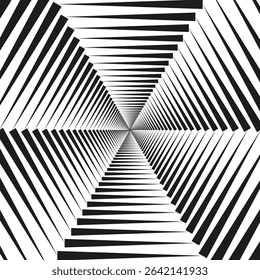 Black white starburst. Sharp line symmetry. Optical vector illusion. Radiating abstract shape.