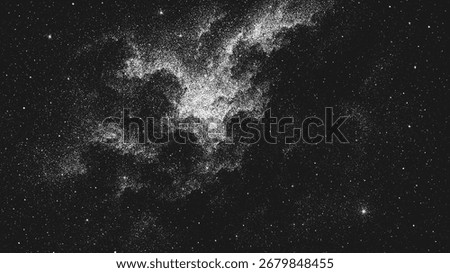 Black and white starry night sky with milky way. Dot space grain texture, abstract cosmic noise pattern for overlay. Galaxy background.