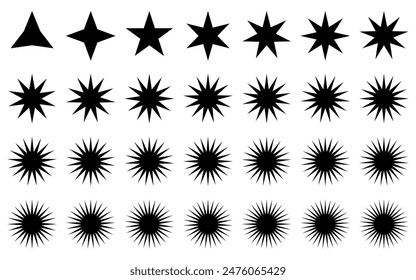 black and white stars, many points of star on white background 