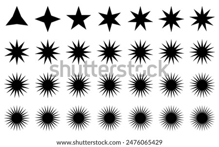 black and white stars, many points of star on white background 