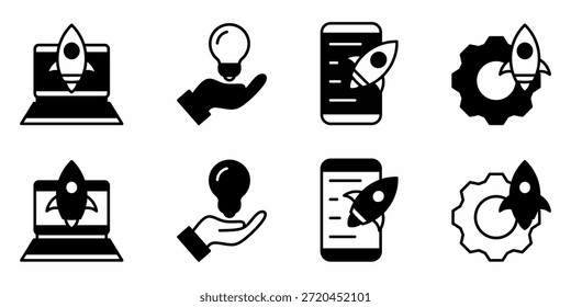 Conjunto de iconos de inicio en blanco y negro. Diseño de Vector de stock.