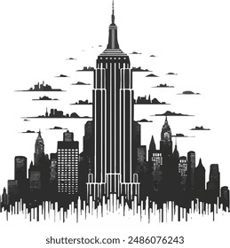 A black and white statue of new york city vector art logo design