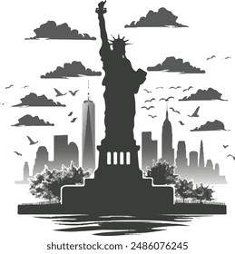 A black and white statue of new york city vector art logo design