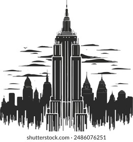 A black and white statue of new york city vector art logo design