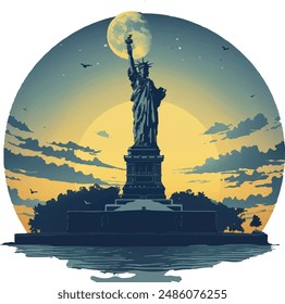 A black and white statue of new york city vector art logo design