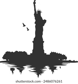 A black and white statue of new york city vector art logo design