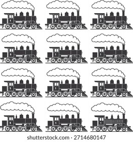 Tren de vapor blanco y negro con números y nubes