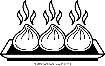 black and white of Steamed buns on a tray