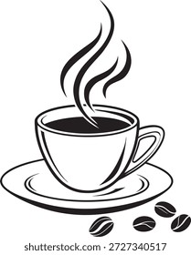 Blanco y negro de una taza humeante de café en un platillo con granos de café taza de café