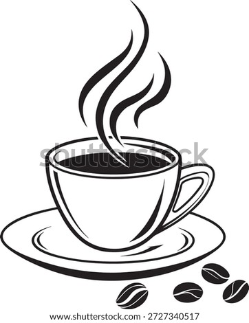 Black and white of a steaming cup of coffee on a saucer with coffee beans coffee cup
