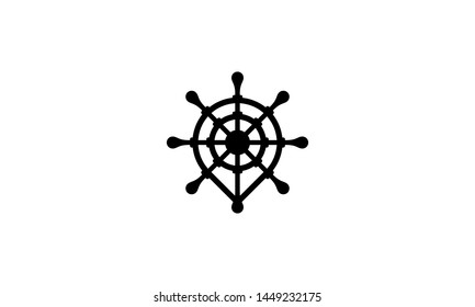 Black white steering wheel rudder Boat Handle with Map Pin Location Logo Design Inspiration