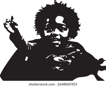 Um estêncil preto e branco de uma criança com cabelo afro que se estende, criando um design impressionante e divertido