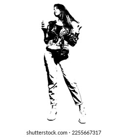 black and white stencil of a girl with coffee posing in vector