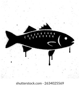Black and white stencil graffiti of a fish with paint drips and rough spray texture on a wall.