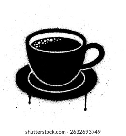 Black and white stencil graffiti illustration of a coffee cup on a saucer, featuring spray paint texture and dripping effects.