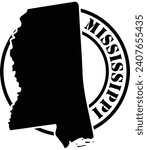Black and white stencil silhouette shape of the American state of Mississippi inside a circular stamp or seal style design with text. Vector eps graphic.