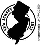 Black and white stencil silhouette shape of the American state of New Jersey inside a circular stamp or seal style design with text. Vector eps graphic.
