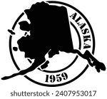 Black and white stencil silhouette shape of the American state of Alaska inside a circular stamp or seal style design with text. Vector eps graphic.