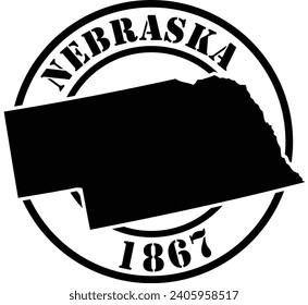 Black and white stencil silhouette shape of the American state of Nebraska inside a circular stamp or seal style design with text. Vector eps graphic.