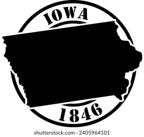 Black and white stencil silhouette shape of the American state of Iowa inside a circular stamp or seal style design with text. Vector eps graphic.