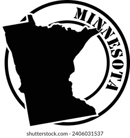 Black and white stencil silhouette shape of the American state of Minnesota inside a circular stamp or seal style design with text. Vector eps graphic.