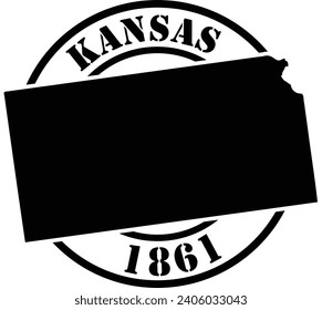 Black and white stencil silhouette shape of the American state of Kansas inside a circular stamp or seal style design with text. Vector eps graphic.