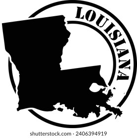 Black and white stencil silhouette shape of the American state of Louisiana inside a circular stamp or seal style design with text. Vector eps graphic.