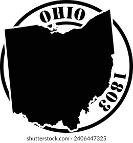 Black and white stencil silhouette shape of the American state of Ohio inside a circular stamp or seal style design with text. Vector eps graphic.