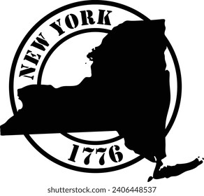 Black and white stencil silhouette shape of the American state of New York inside a circular stamp or seal style design with text. Vector eps graphic.