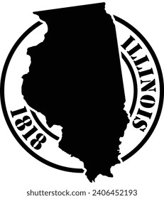 Black and white stencil silhouette shape of the American state of Illinois inside a circular stamp or seal style design with text. Vector eps graphic.
