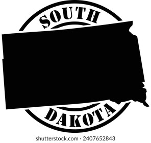 Black and white stencil silhouette shape of the American state of South Dakota inside a circular stamp or seal style design with text. Vector eps graphic.