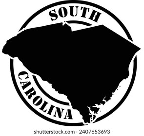 Black and white stencil silhouette shape of the American state of South Carolina inside a circular stamp or seal style design with text. Vector eps graphic.