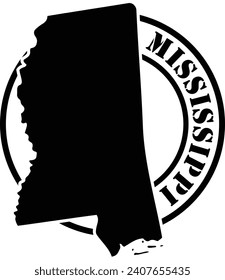 Black and white stencil silhouette shape of the American state of Mississippi inside a circular stamp or seal style design with text. Vector eps graphic.