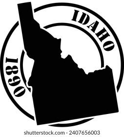 Black and white stencil silhouette shape of the American state of Idaho inside a circular stamp or seal style design with text. Vector eps graphic.