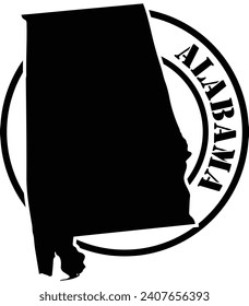 Black and white stencil silhouette shape of the American state of Alabama inside a circular stamp or seal style design with text. Vector eps graphic.