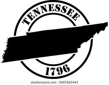 Black and white stencil silhouette shape of the American state of Tennessee inside a circular stamp or seal style design with text. Vector eps graphic.