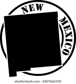 Black and white stencil silhouette shape of the American state of New Mexico inside a circular stamp or seal style design with text. Vector eps graphic.
